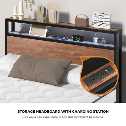 Industrial Metal Bed Frame King with LED, 4 Storage Drawers, USB & Mattress 219cm x 183cm