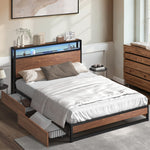 Metal Bed Frame Double Queen & King LED Storage Headboard USB Charging & 2 Drawers
