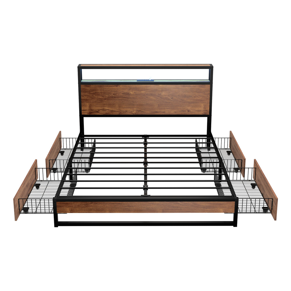 Metal Bed Frame Double Queen & King LED Storage Headboard USB Charging & 2 Drawers