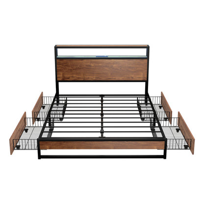 Metal Bed Frame Double Queen & King LED Storage Headboard USB Charging & 2 Drawers