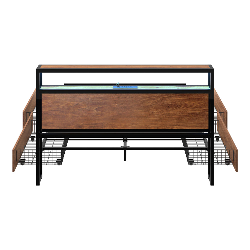 Metal Bed Frame Double Queen & King LED Storage Headboard USB Charging & 2 Drawers