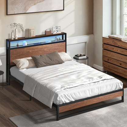 Metal Bed Frame Queen Size LED Storage Headboard USB Charge