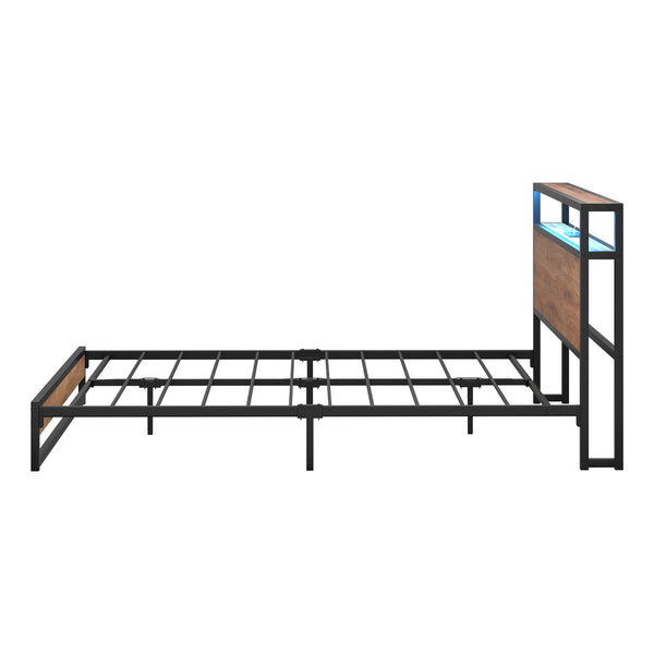  Metal Bed Frame Queen Size LED Storage Headboard USB Charge