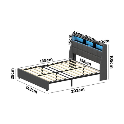 Double/King/Queen Bed Frame With LED Storage Headboard And USB Charging Ports