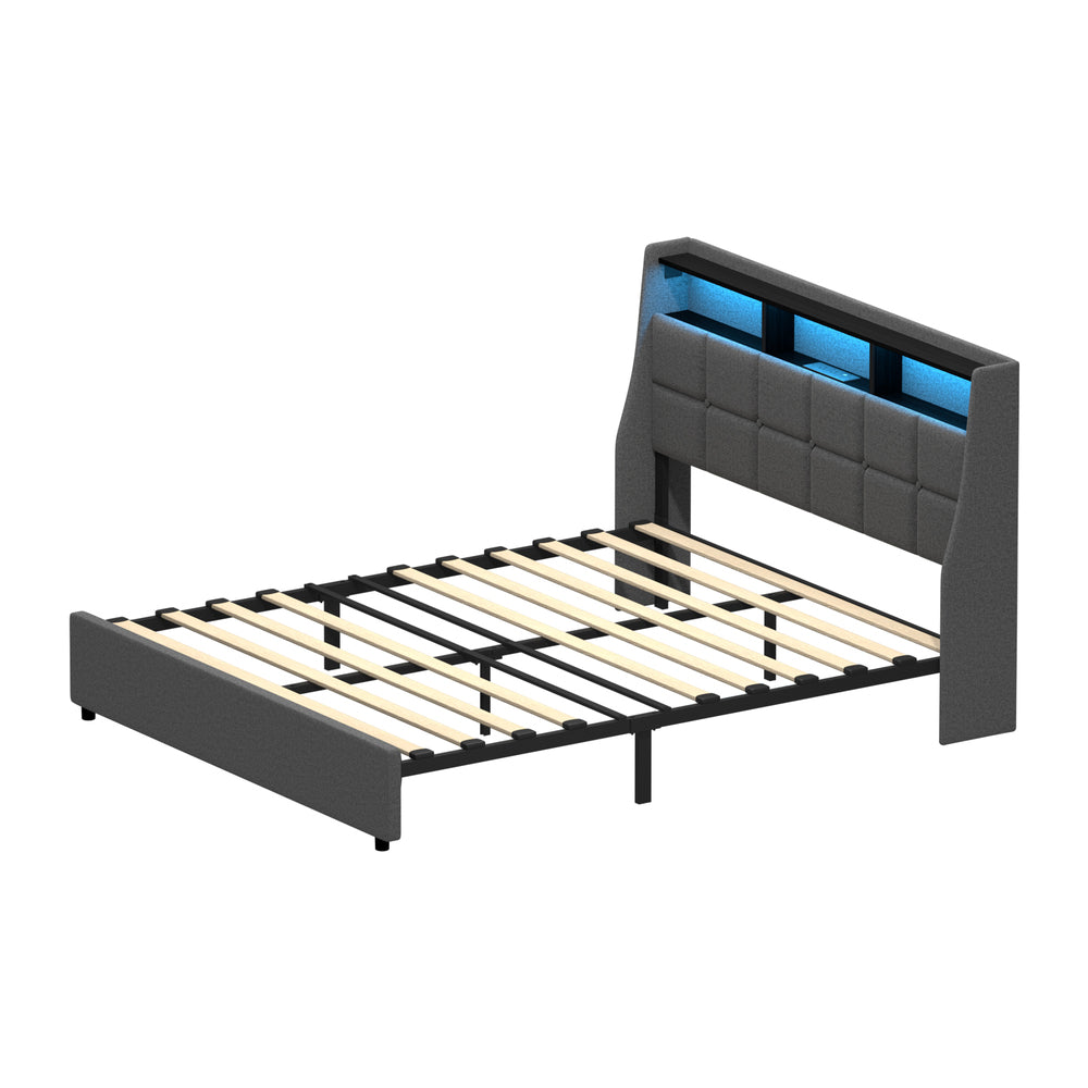 Double/King/Queen Bed Frame With LED Storage Headboard And USB Charging Ports