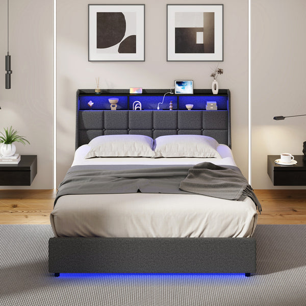  Double/King/Queen Bed Frame With LED Storage Headboard And USB Charging Ports