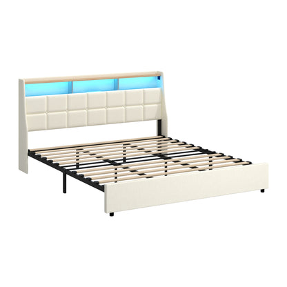 King Bed Frame with LED Storage Headboard Beige