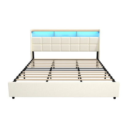 King Bed Frame with LED Storage Headboard Beige