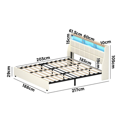 King Bed Frame with LED Storage Headboard Beige