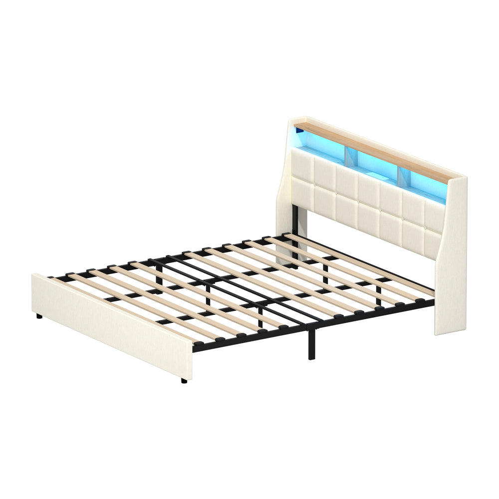 King Bed Frame with LED Storage Headboard Beige