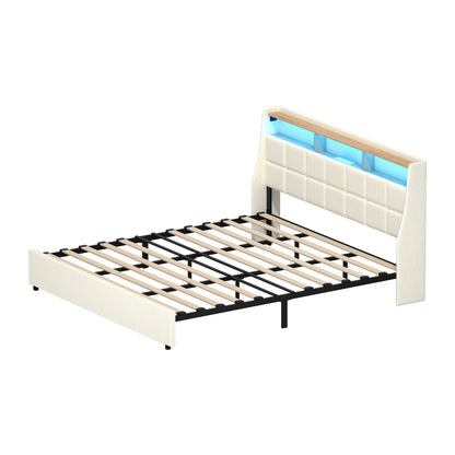 King Bed Frame with LED Storage Headboard Beige