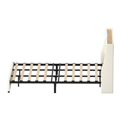 King Bed Frame with LED Storage Headboard Beige