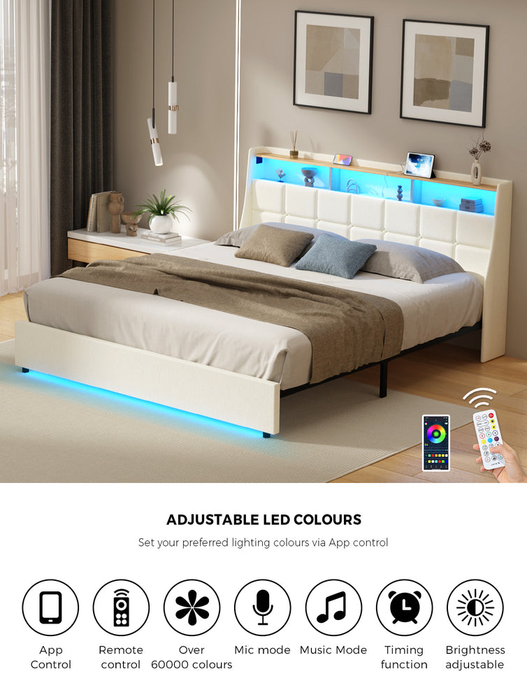 King Bed Frame with LED Storage Headboard Beige