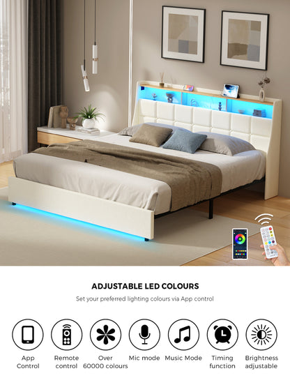 King Bed Frame with LED Storage Headboard Beige