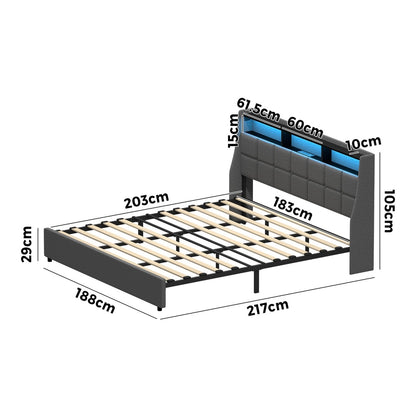 Double/King/Queen Bed Frame With LED Storage Headboard And USB Charging Ports