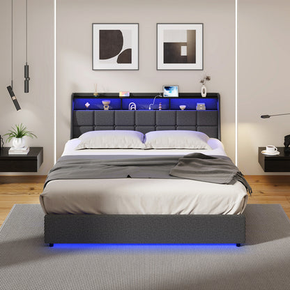 Double/King/Queen Bed Frame With LED Storage Headboard And USB Charging Ports