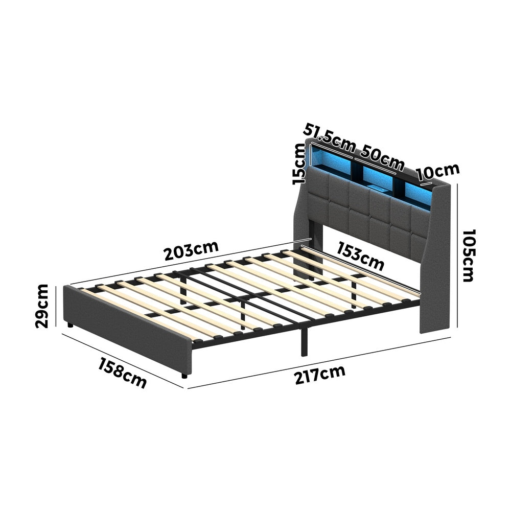 Double/King/Queen Bed Frame With LED Storage Headboard And USB Charging Ports