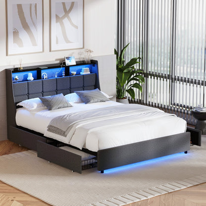 Double/King/Queen Bed Frame With Headboard RGB LED Lights USB Charging Drawer