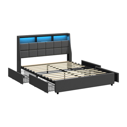 Double/King/Queen Bed Frame With Headboard RGB LED Lights USB Charging Drawer