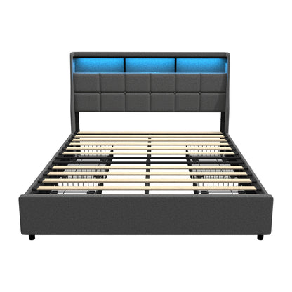 Double/King/Queen Bed Frame With Headboard RGB LED Lights USB Charging Drawer