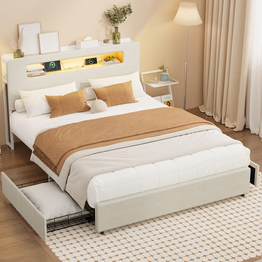 Double/Queen/King  Bed Frame With 2 Drawers LED USB Charging Headboard Bedroom Furniture