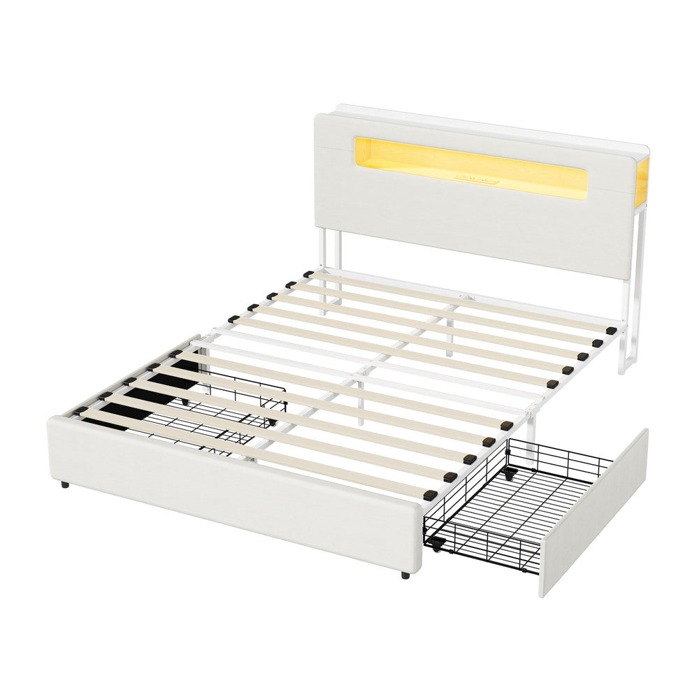 Double/Queen/King  Bed Frame With 2 Drawers LED USB Charging Headboard Bedroom Furniture