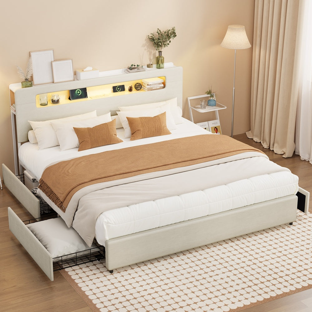 Double/Queen/King  Bed Frame With 2 Drawers LED USB Charging Headboard Bedroom Furniture