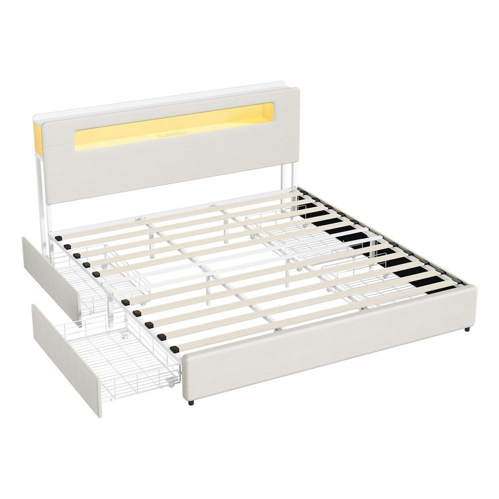 Double/Queen/King  Bed Frame With 2 Drawers LED USB Charging Headboard Bedroom Furniture