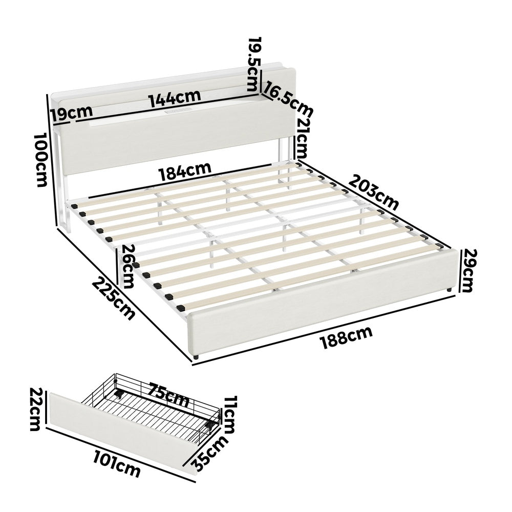 Double/Queen/King  Bed Frame With 2 Drawers LED USB Charging Headboard Bedroom Furniture