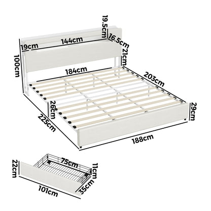Double/Queen/King  Bed Frame With 2 Drawers LED USB Charging Headboard Bedroom Furniture