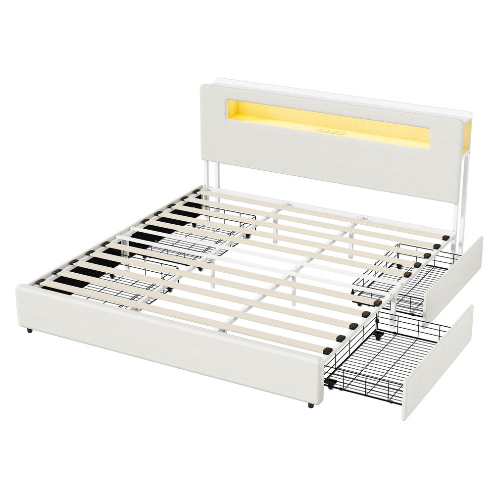 Double/Queen/King  Bed Frame With 2 Drawers LED USB Charging Headboard Bedroom Furniture