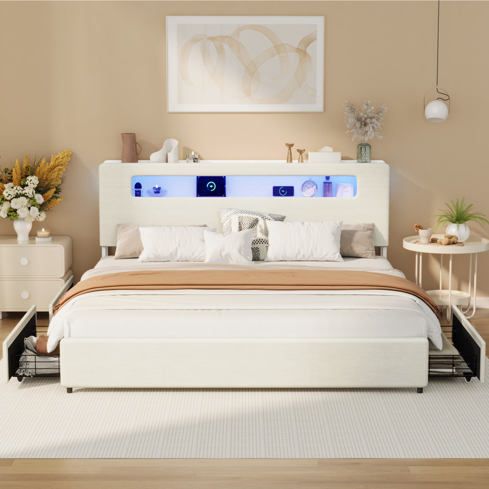 Double/Queen/King  Bed Frame With 2 Drawers LED USB Charging Headboard Bedroom Furniture