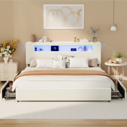 Double/Queen/King  Bed Frame With 2 Drawers LED USB Charging Headboard Bedroom Furniture