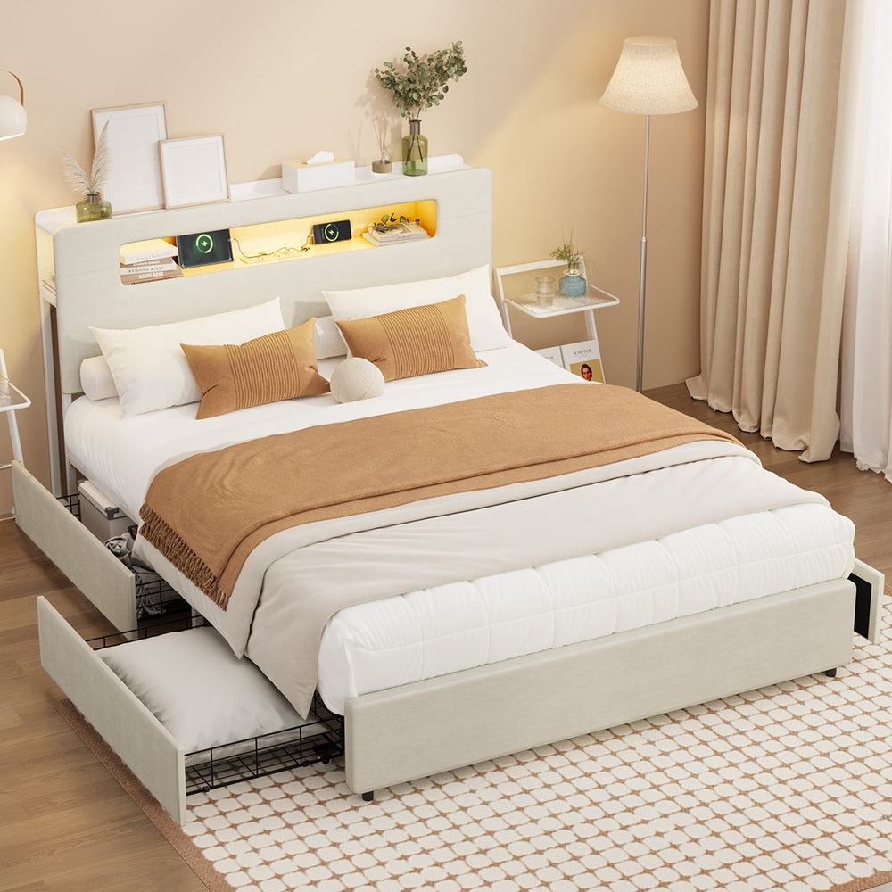 Double/Queen/King  Bed Frame With 2 Drawers LED USB Charging Headboard Bedroom Furniture