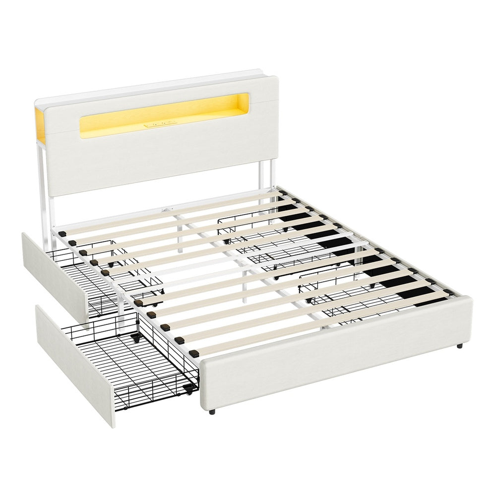 Double/Queen/King  Bed Frame With 2 Drawers LED USB Charging Headboard Bedroom Furniture