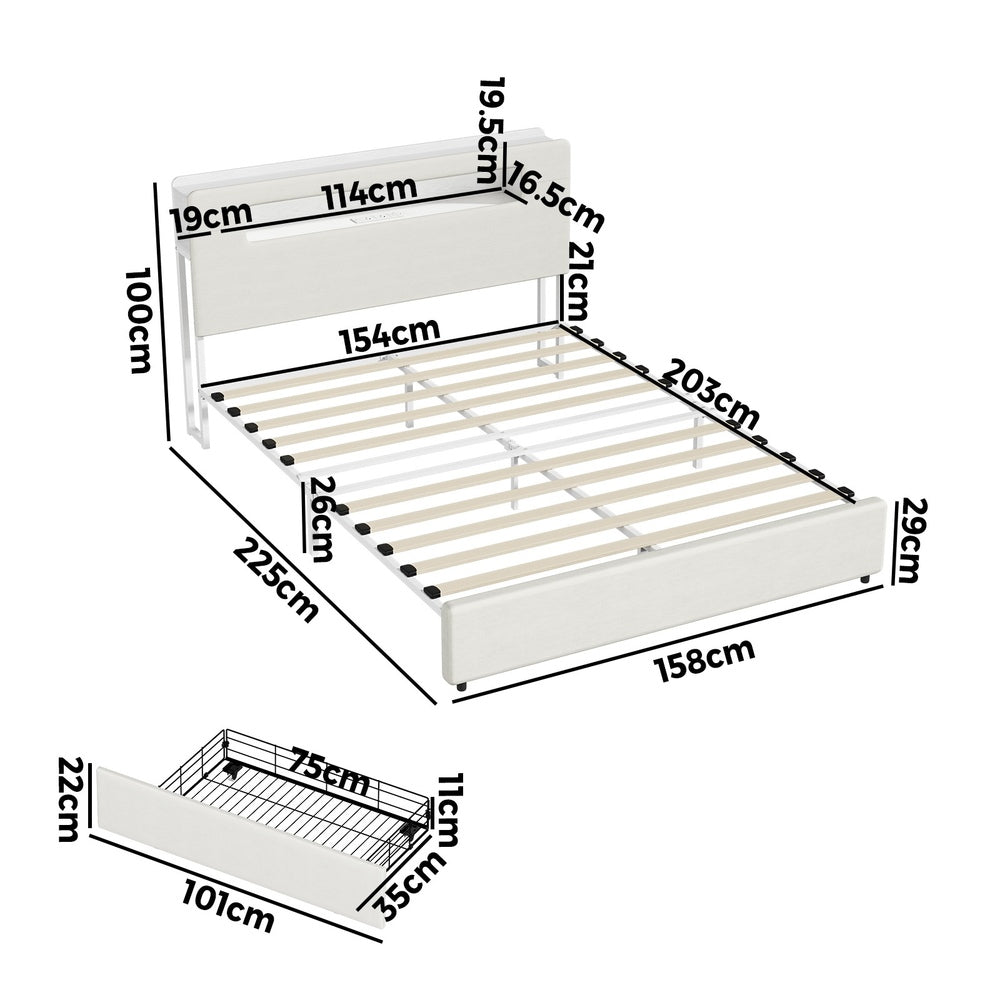 Double/Queen/King  Bed Frame With 2 Drawers LED USB Charging Headboard Bedroom Furniture