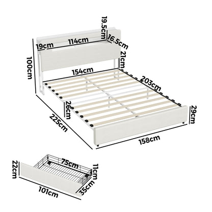 Double/Queen/King  Bed Frame With 2 Drawers LED USB Charging Headboard Bedroom Furniture