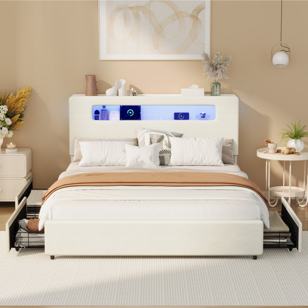 Double/Queen/King  Bed Frame With 2 Drawers LED USB Charging Headboard Bedroom Furniture