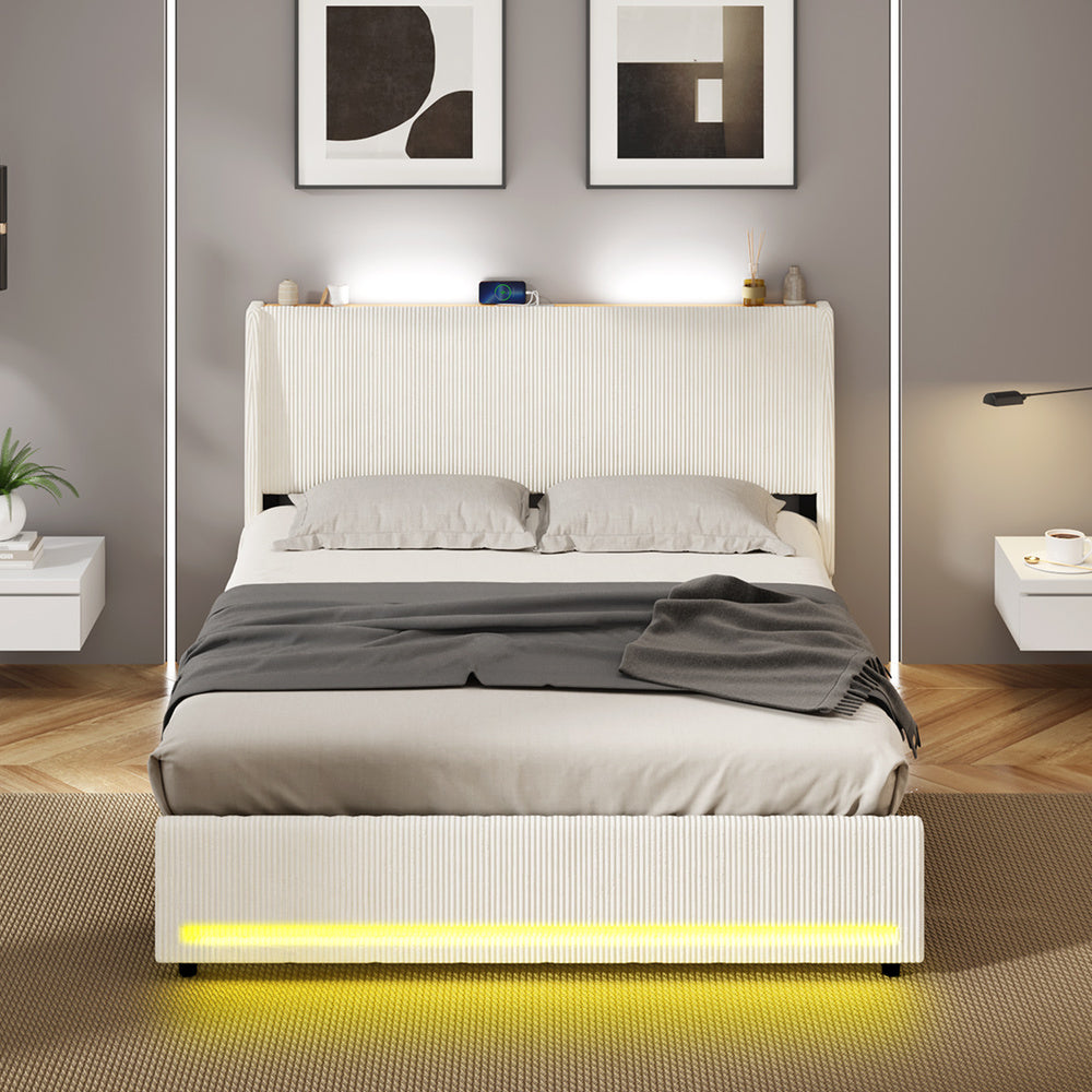 Double Bed Frame With LED Storage 202x144x102cm
