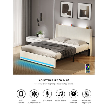 Double Bed Frame With LED Storage 202x144x102cm