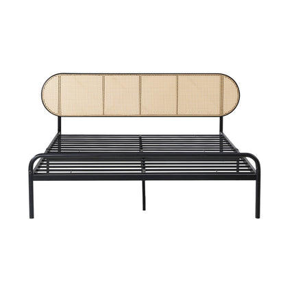 Bed Frame Metal Base Rattan Headboard
