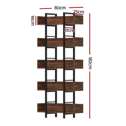  Bookshelf 5-Tier Bookcase Display Shelves Metal Storage Stand Rack Walnut