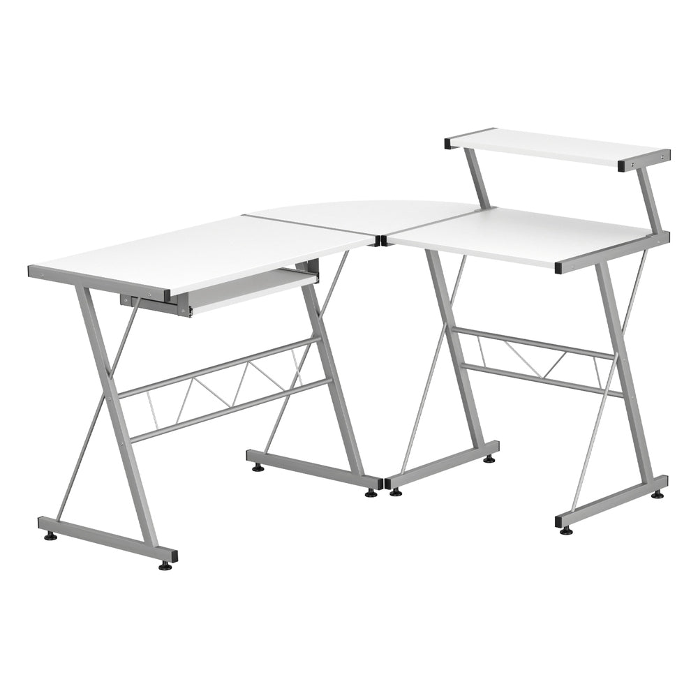 Computer Desk L-Shape Keyboard Tray Shelf White