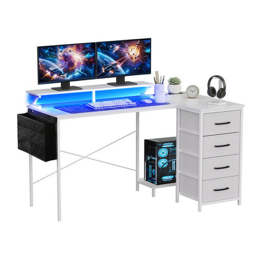 L Shaped Gaming Desk LED Lights Power Outlets | HomeAndLiving