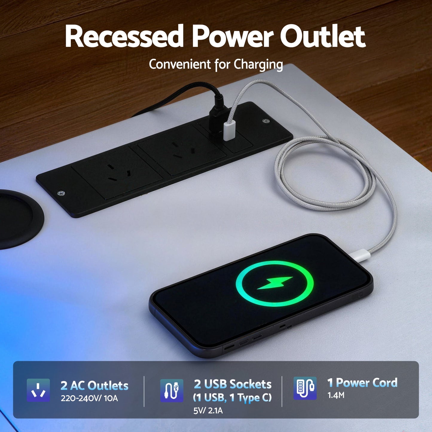 L Shaped Gaming Desk LED Lights Power Outlets | HomeAndLiving