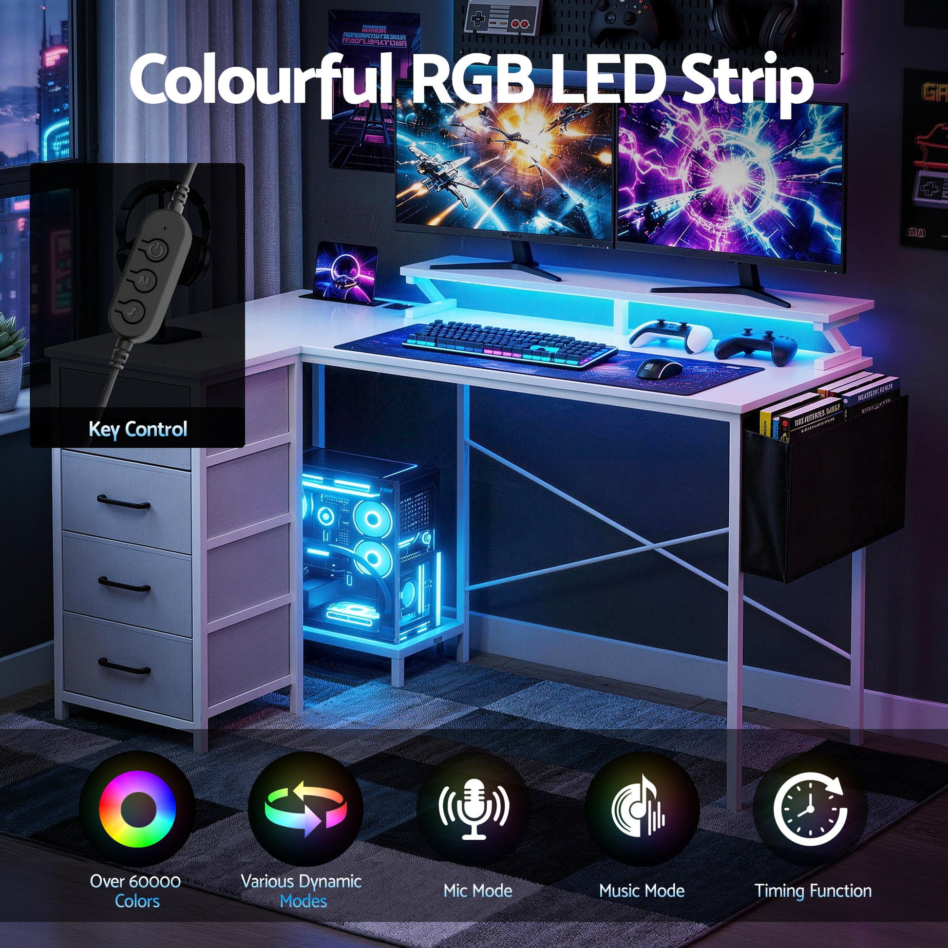 L Shaped Gaming Desk LED Lights Power Outlets | HomeAndLiving