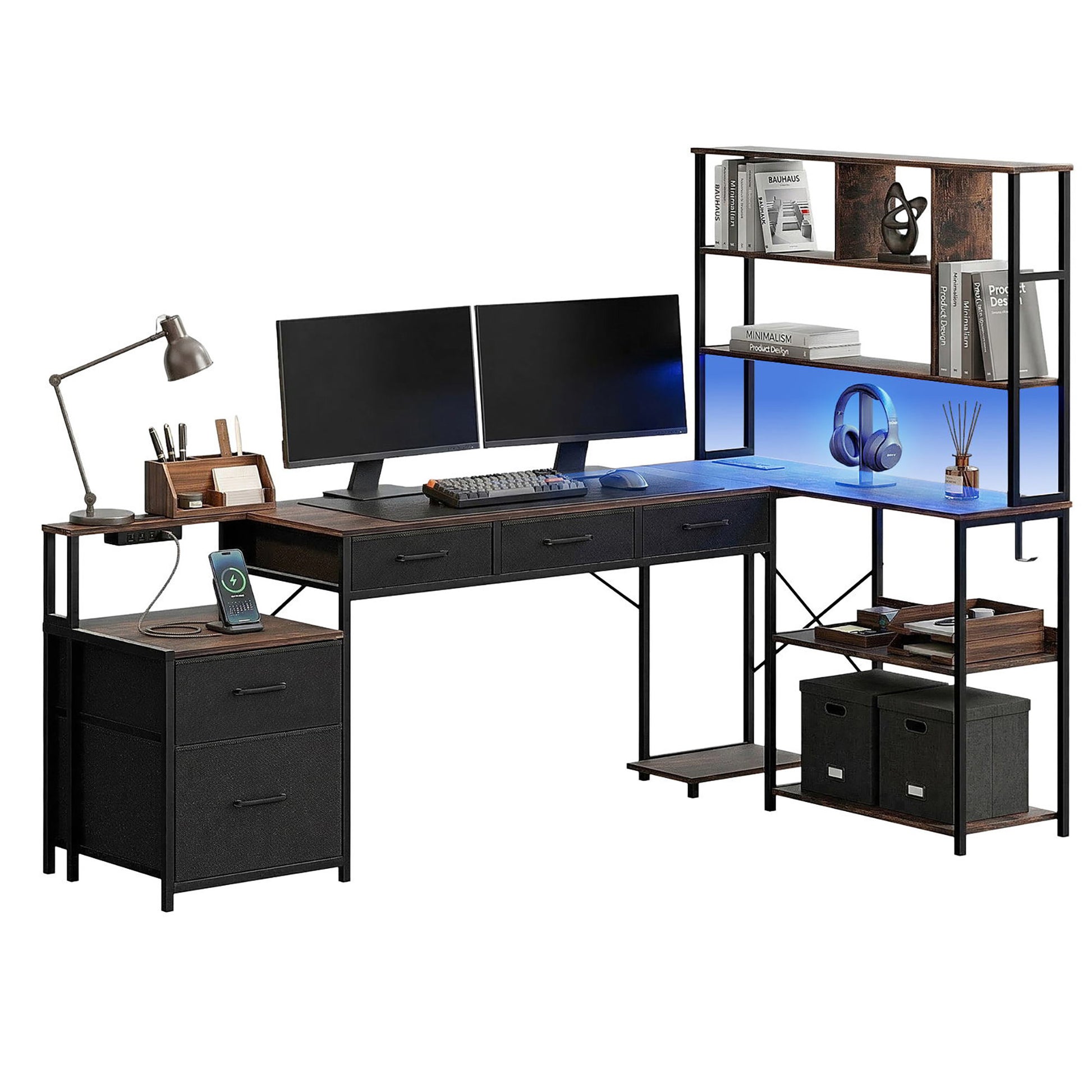 200cm L-Shaped Gaming Desk LED Lights Power Outlets | HomeAndLiving