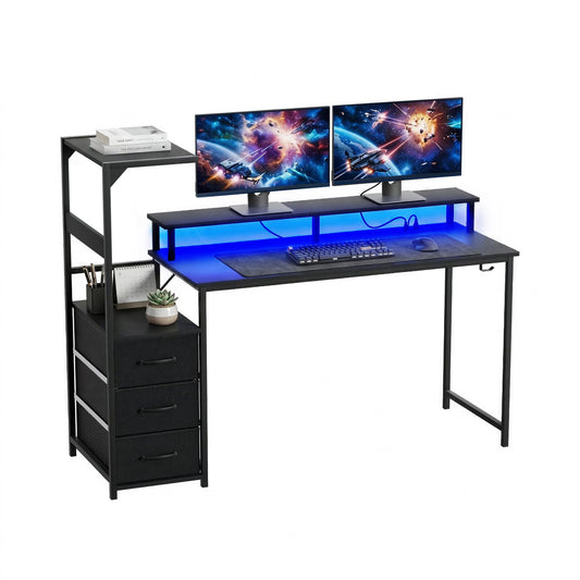 L-Shaped Gaming Desk LED Lights Power Outlets | HomeAndLiving