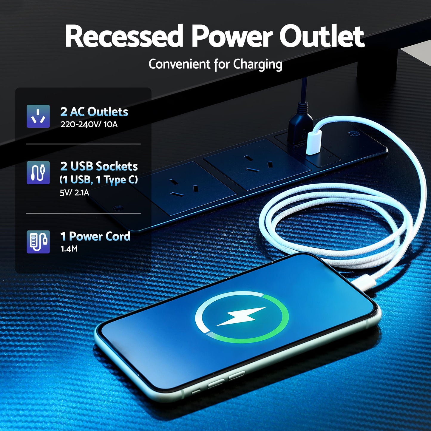 L-Shaped Gaming Desk LED Lights Power Outlets | HomeAndLiving