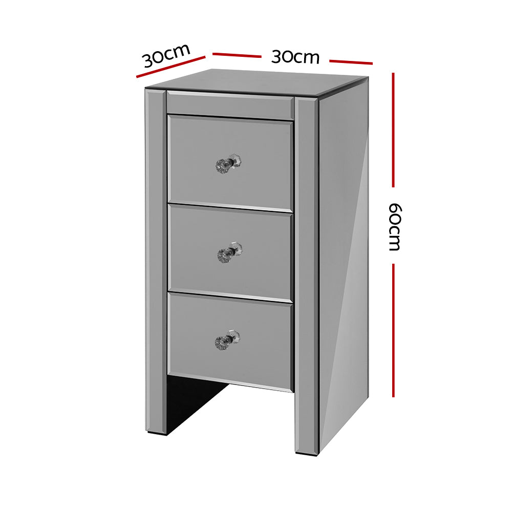 Bedside Table 3 Drawers Mirrored Glass - Quenn Grey